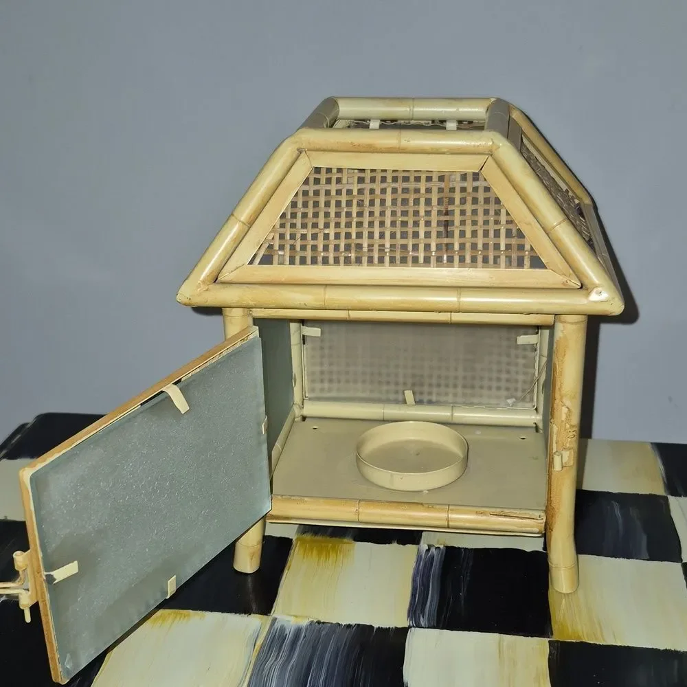 Vintage Metal Bamboo & Raffia MCM Tiki Hut Tea Light Holder Boho